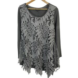 Minkas Floral Appliqué Tunic Top Women’s M Grey Oversized Lagenlook Shirt EUC